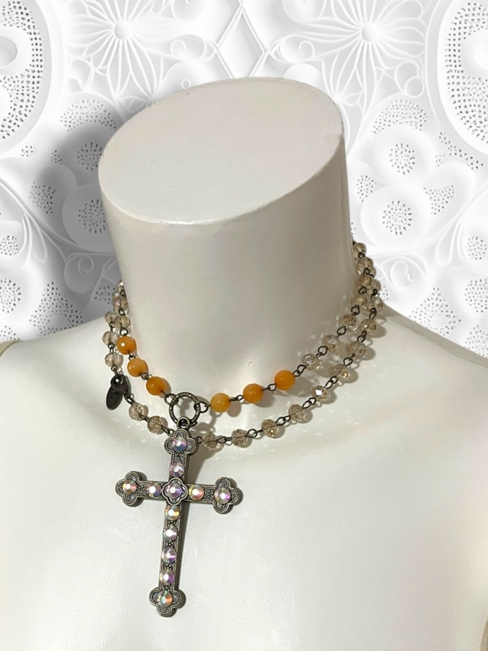 Carol Su Handmade 30" Iridescent Beaded Cross Necklace - Picture 7 of 12